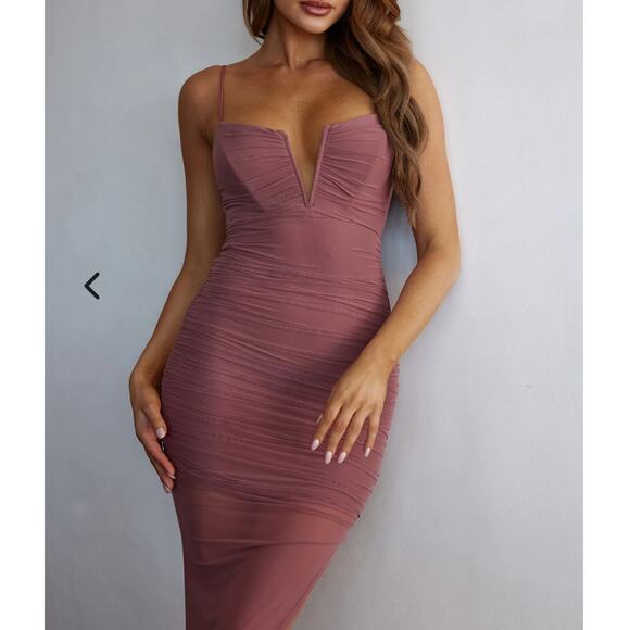 Selfie Leslie Good Vibes V-Bust Sheer Split Midi Dress Rose Blush Women's Size L - Picture 3 of 10